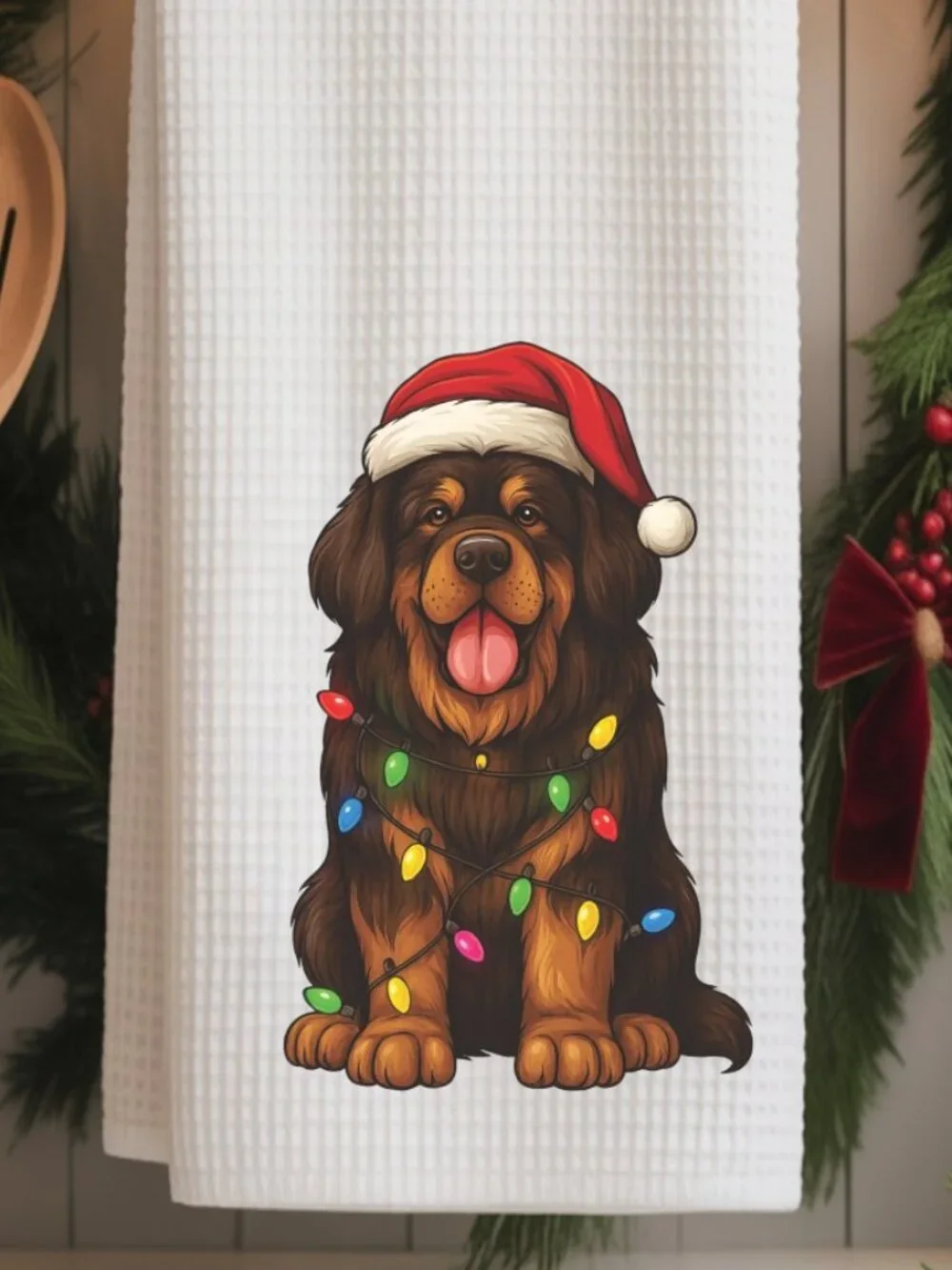 Tibetan Mastiff Christmas Lights Decorative Kitchen Tea Towel